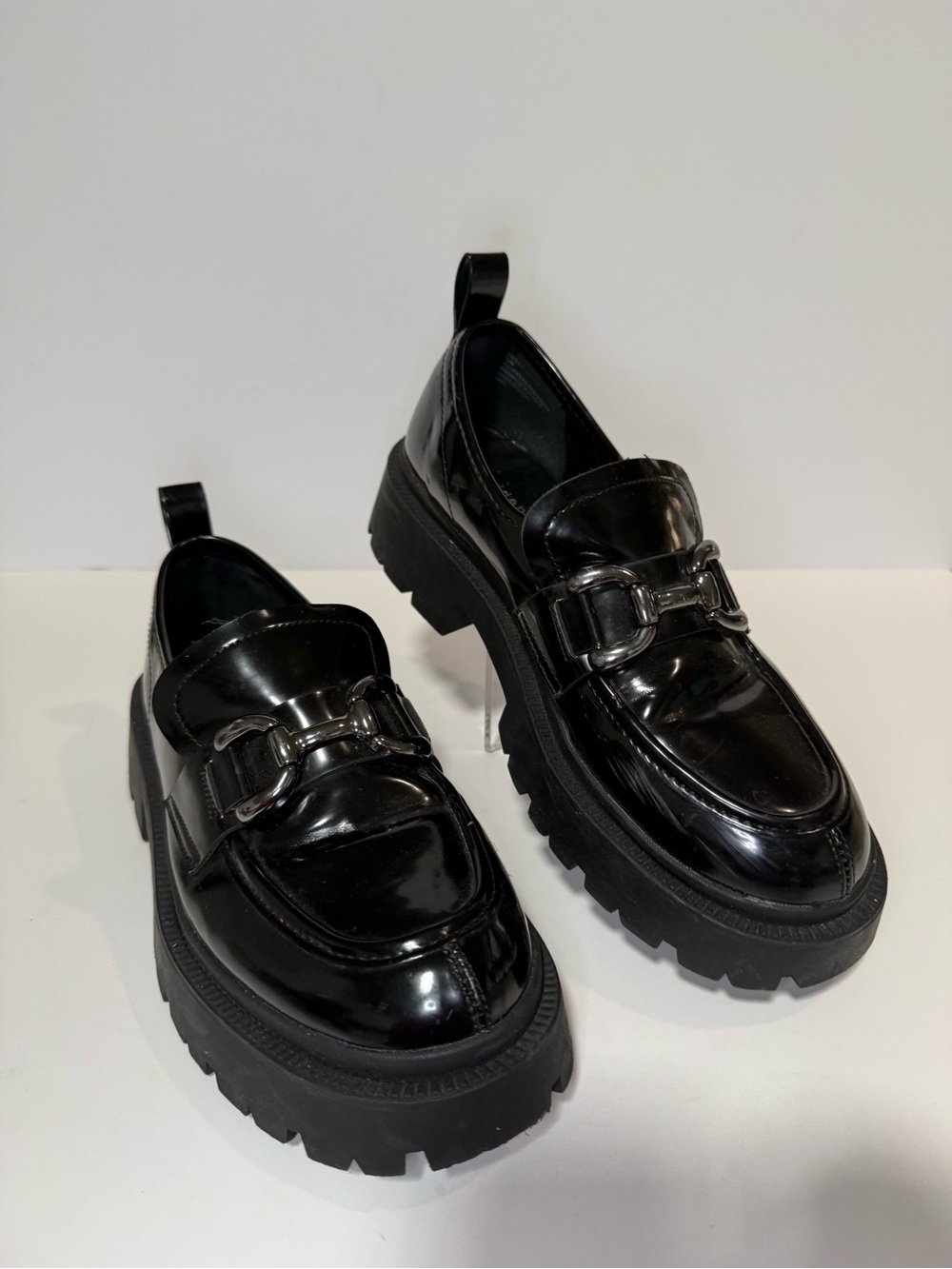 Madden Girl Black Patent Lug Sole Loafers with Metal Bit - Picture 2 of 9